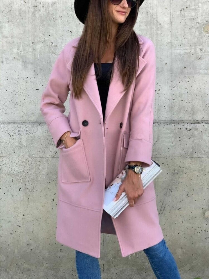2022 Autumn Winter Solid Color Long Sleeve Blazer Collar Button Pocket Woolen Coat for Women