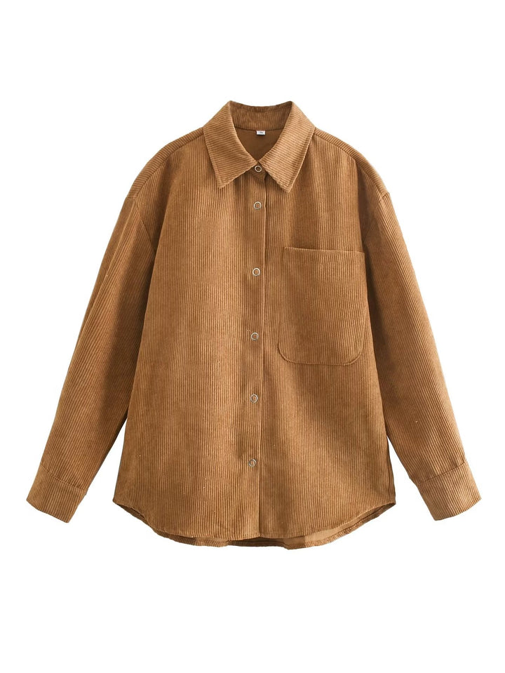 Casual Brown Corduroy Shirt Simple Lapel Mid Length Coat Early Autumn Net Pocket Women Top