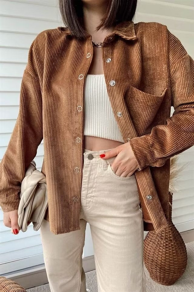 Casual Brown Corduroy Shirt Simple Lapel Mid Length Coat Early Autumn Net Pocket Women Top