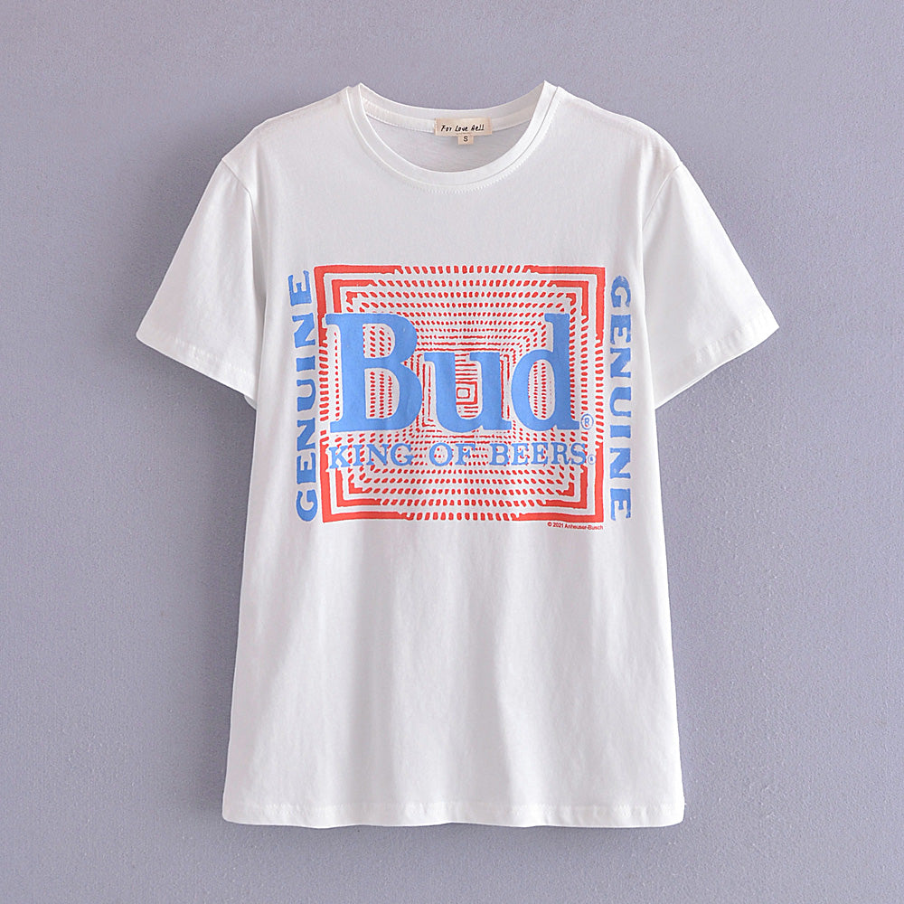 Spring New Women  Short Sleeve All-Match Budweiser Printed T-shirt Graphic