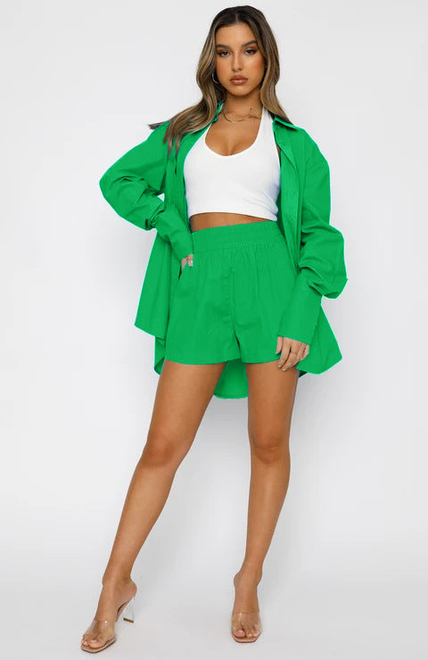 2022 Women Clothing Summer Solid Color Casual Loose Lapel Long Sleeves Shirt High Waist Shorts Two-Piece Set