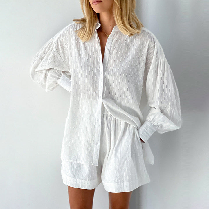 Summer 2022 French Style White Jacquard Cotton Puff Sleeve Casual Shorts Suit Ladies Homewear Cool Pajamas