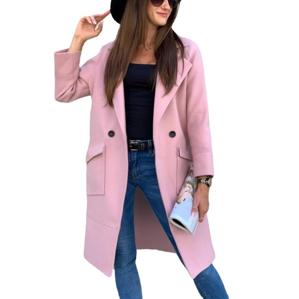 2022 Autumn Winter Solid Color Long Sleeve Blazer Collar Button Pocket Woolen Coat for Women