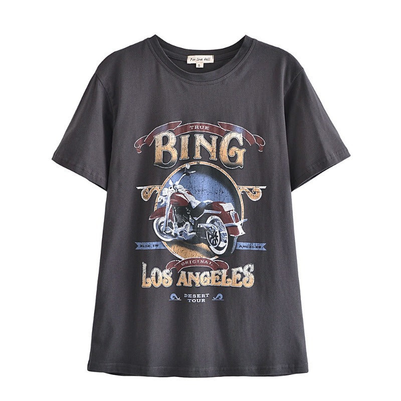 Short Sleeve round Neck Loose-Fitting Women  T-shirt Bing Motorcycle Printed Top 2022 Summer Women  Clothing Graphic