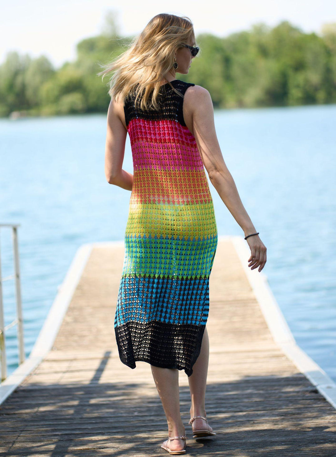 Knitted Rainbow Bar Beach Cover-up Sexy Strap Dress Vacation Skirt Bikini Blouse