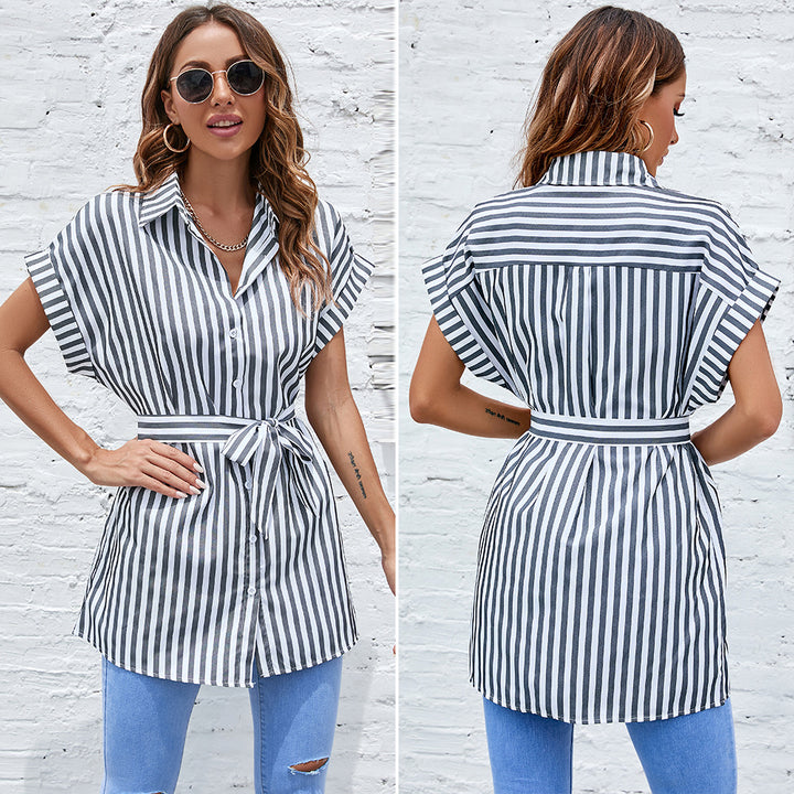 2022 Summer Style Striped Printed Blouse Lace-up Turn-down Collar Short Sleeve Commuter Top