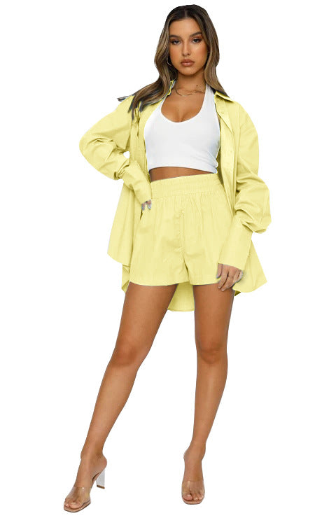 2022 Women Clothing Summer Solid Color Casual Loose Lapel Long Sleeves Shirt High Waist Shorts Two-Piece Set