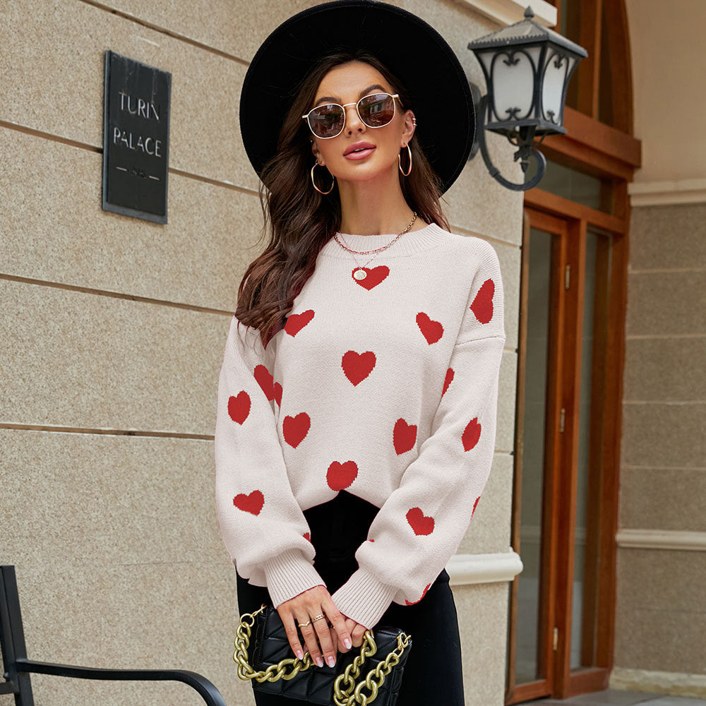 2022 Winter Valentine Day Love round Neck Plus Size Loose Fitting Women Knitwear Pullover Sweater