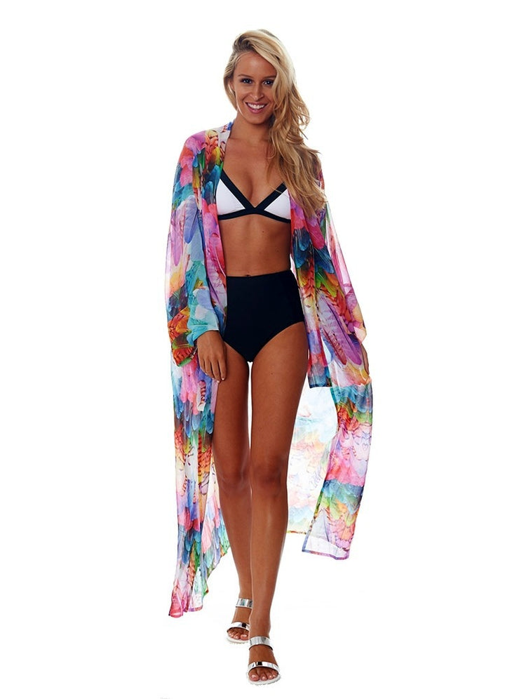 Chiffon Colorful Feather Beach Jacket Sun Protection Clothing Swimsuit Blouse Bikini Cover-up Overclothes Women