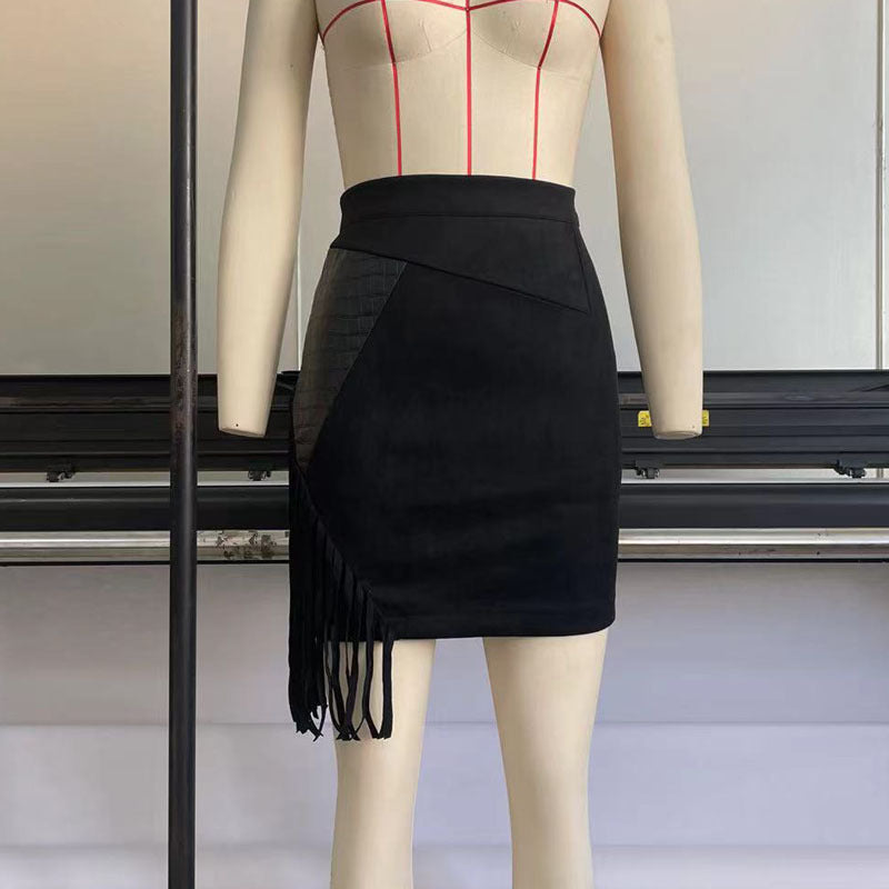 Tassel Leather Skirt Skirt Deerskin Velvet Leather Skirt Stitching Irregular High Waist Sexy Hip Skirt Short Skirt