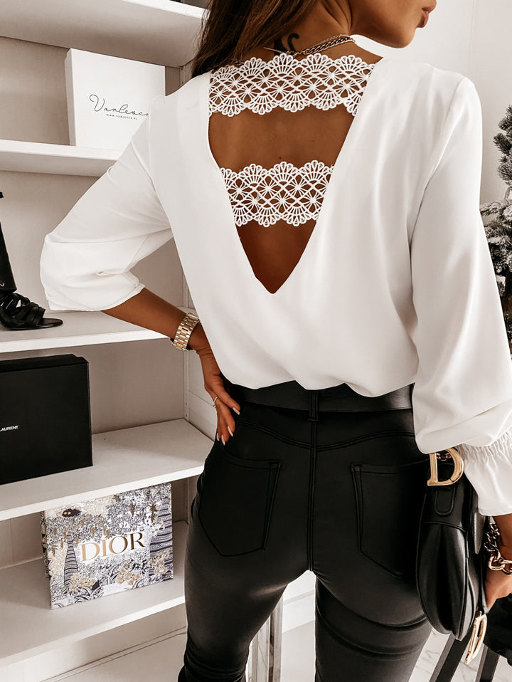 Trumpet Flared Sleeve Blouse with Backless Lace Detail