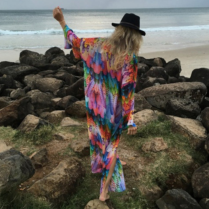 Chiffon Colorful Feather Beach Jacket Sun Protection Clothing Swimsuit Blouse Bikini Cover-up Overclothes Women