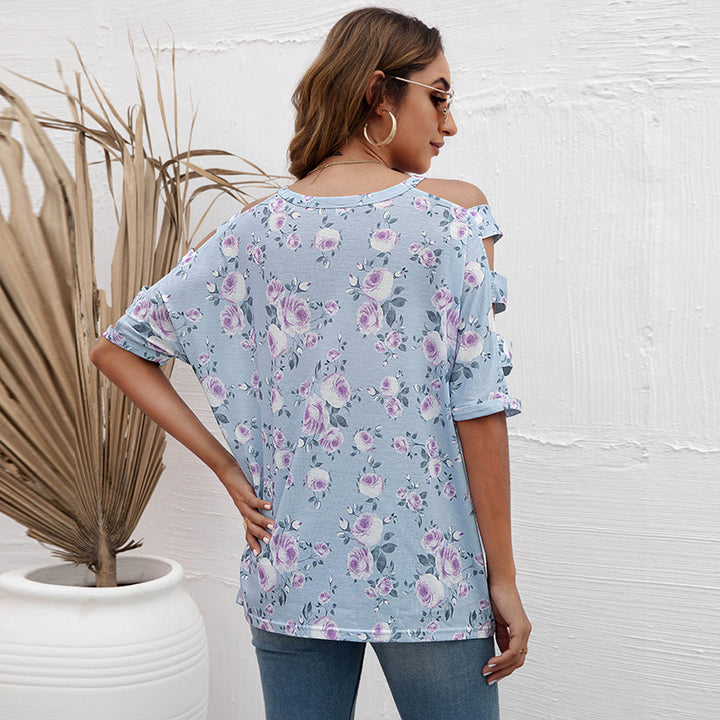 2022 Summer Casual T shirt Shoulder Leakage Floral Print Top